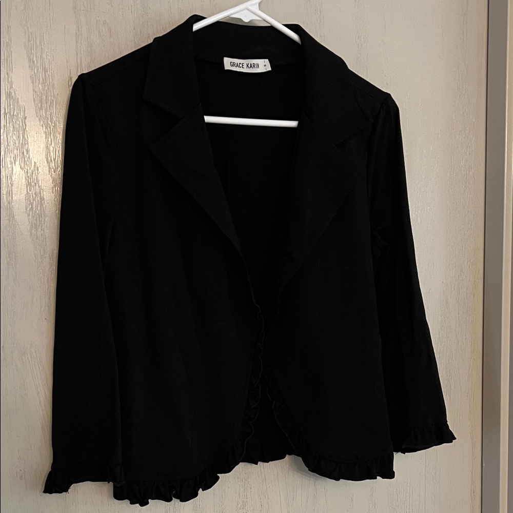 Grace Karin | 95% Cotton | Black Ruffle-Trim Open Front Jacket